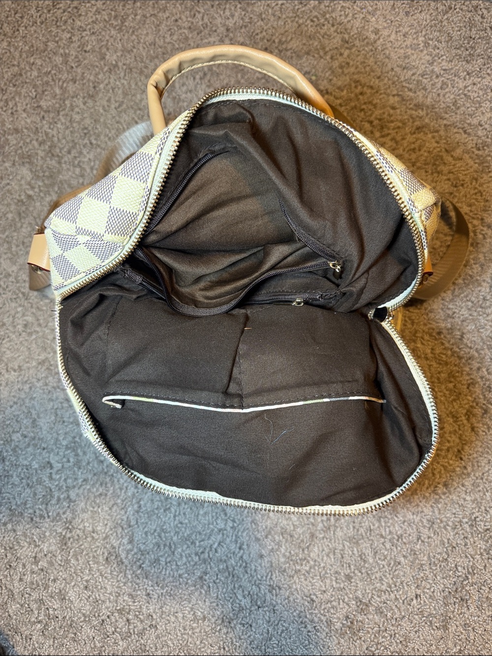 Cream Checkered Women's Backpack Tote - Picture 3 of 3